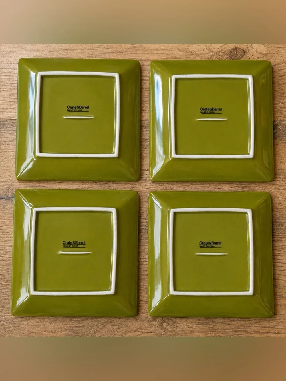 Crate & Barrel Green Embossed Botanical Appetizer Plates Set of 4 7” Square